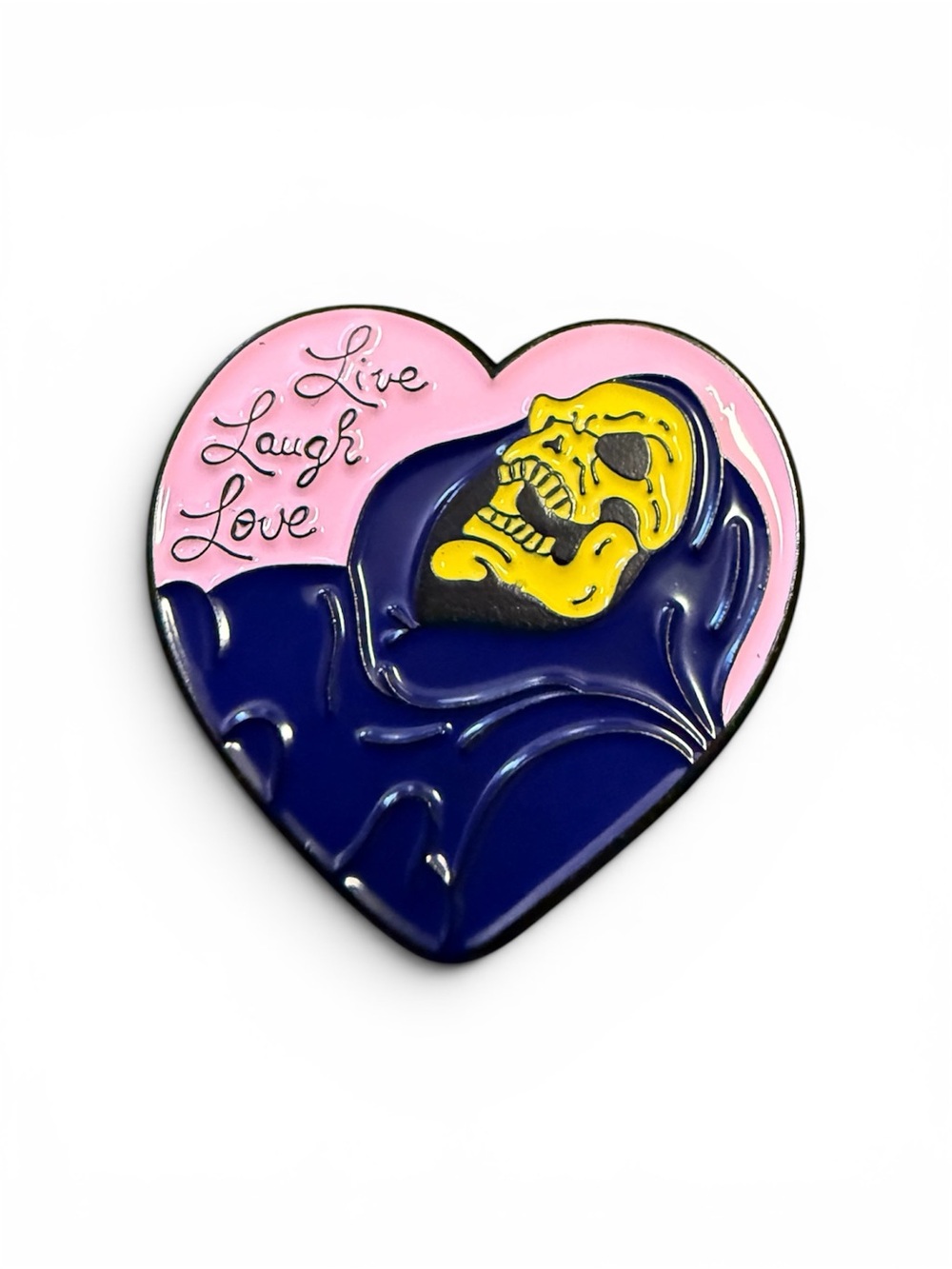 Enamel Pin 'Live Laugh Love' Heart-Shaped Skeleton Reaper